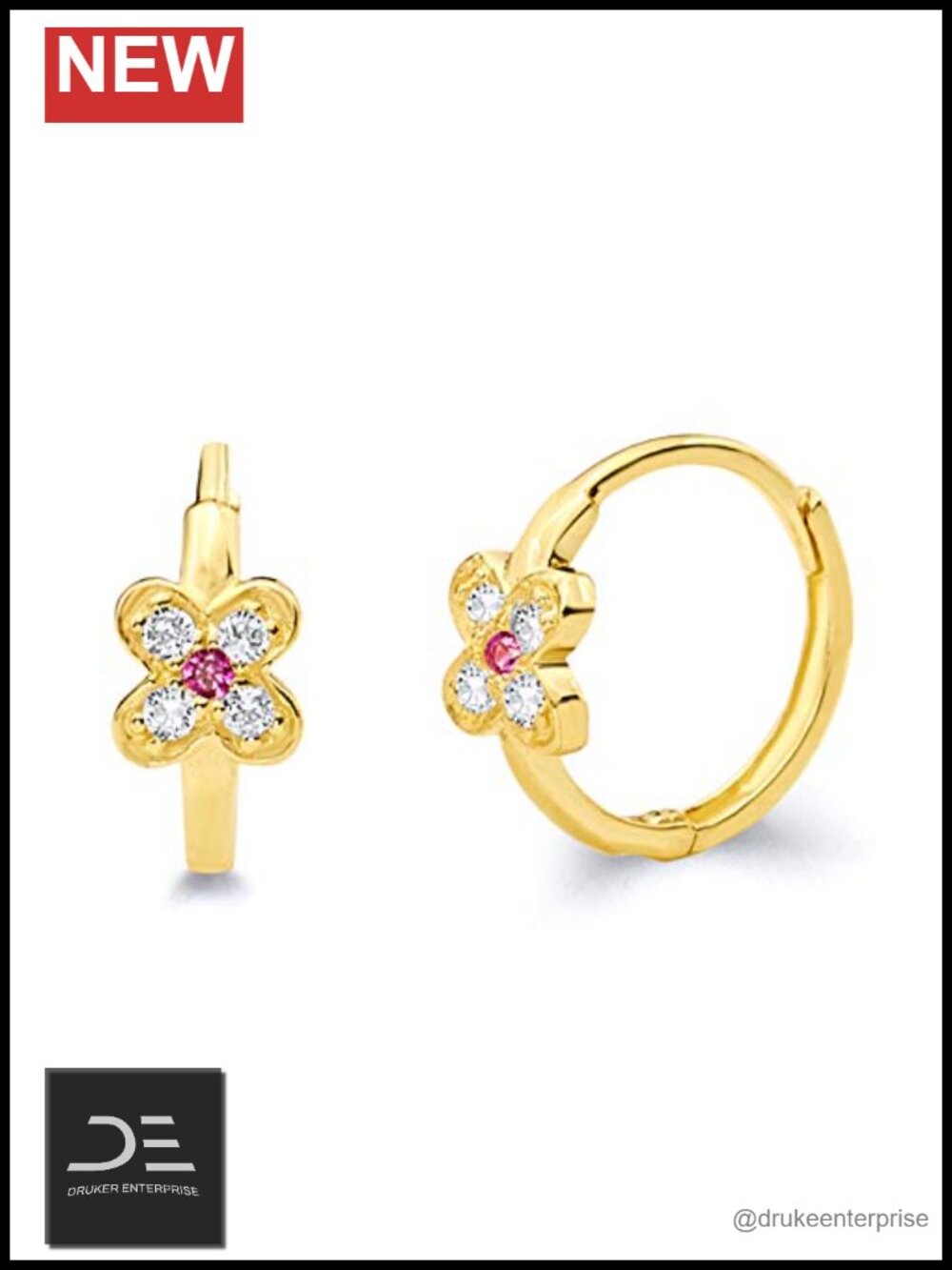 14k Yellow Gold CZ Flower Huggie Earrings 10mm